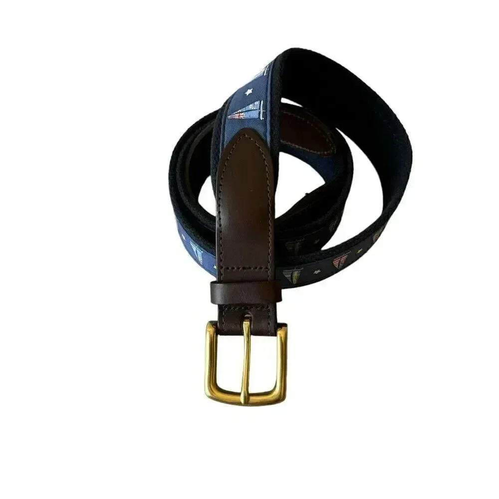 Vineyard Vines America’s Cup Navy Sailboats Canvas Club Belt Brown Leather SZ 44
